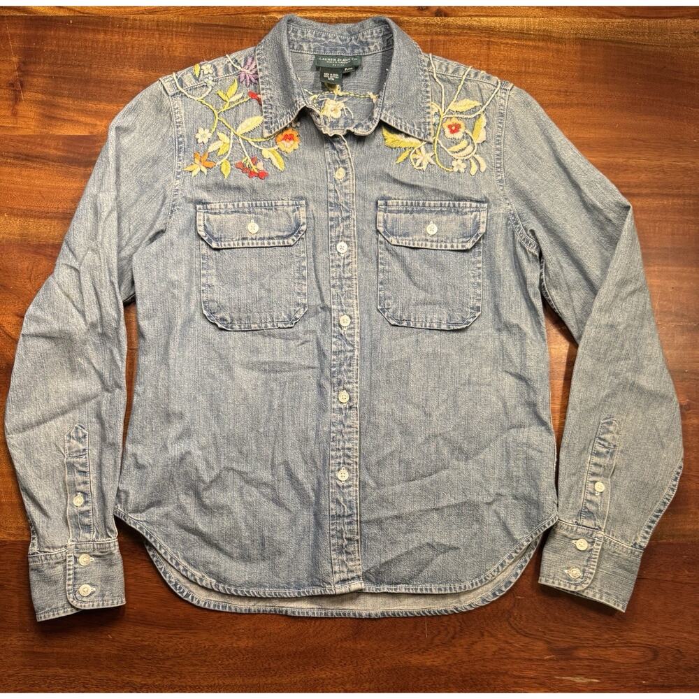 Vintage Ralph Lauren Floral Embroidered Western Style Denim Button Up Shirt PM